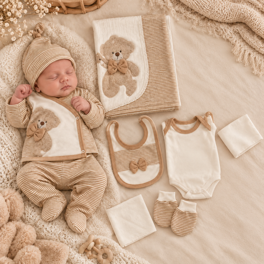 Baby-Erstlingsset 10-teilig – Braun/Weiß mit Bärchen-Motiv Gr. 50 / 56