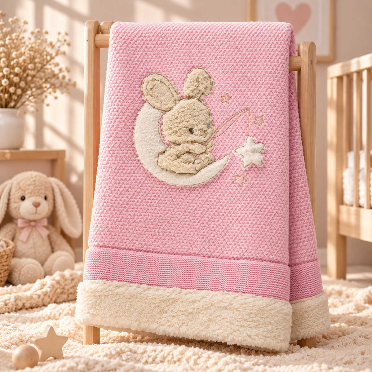 Kuschelige Babydecke „Bunny Moon“ – gefüttert & extra weich | Rosa oder Hellblau