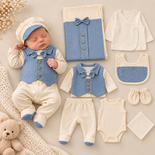 Baby Erstausstattung 10-teilig – Baumwolle & Musselin Set in Blau/Weiß