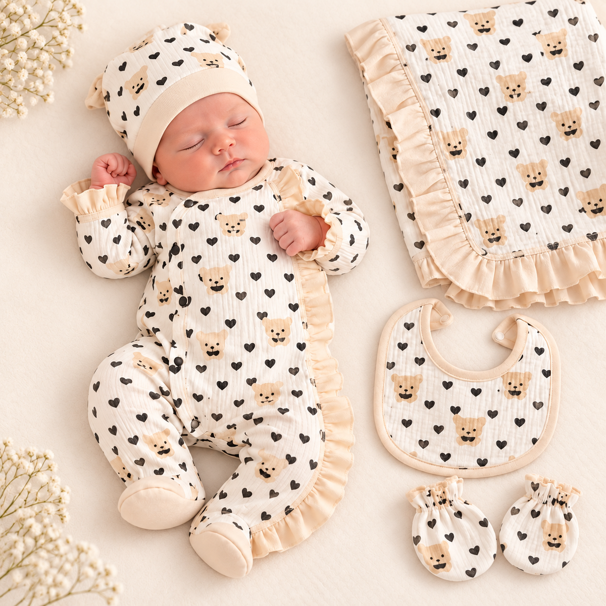 Baby Mädchen Erstlingsset 5-teilig – Strampler, Mütze, Lätzchen, Handschuhe & Decke mit Bärchenmotiv