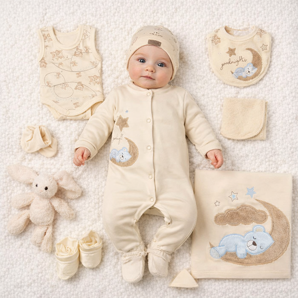 Neugeborenen Erstlingsset „Good Night Bear“ – 10-teiliges Baby-Set für Mädchen & Jungen | 100% Baumwolle