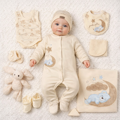Neugeborenen Erstlingsset „Good Night Bear“ – 10-teiliges Baby-Set für Mädchen & Jungen | 100% Baumwolle