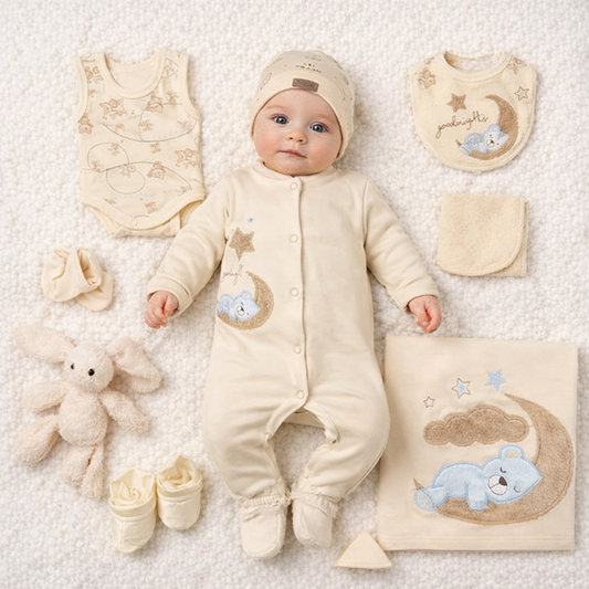 Neugeborenen Erstlingsset „Good Night Bear“ – 10-teiliges Baby-Set für Mädchen & Jungen | 100% Baumwolle
