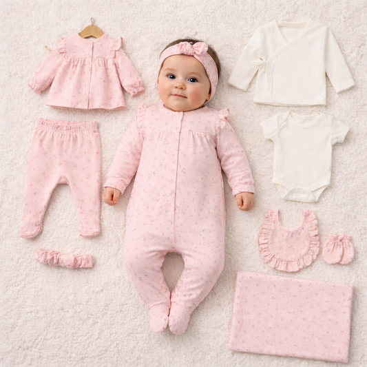 Baby Mädchen Erstlingsset 10-teilig | Newborn Set | Rosa | Mit Decke