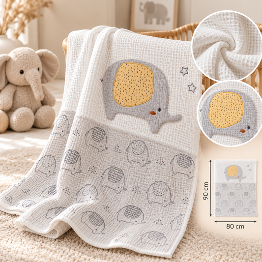 Babydecke Grau-Weiß – 100% Baumwolle mit Elefanten-Motiv (80x90 cm)