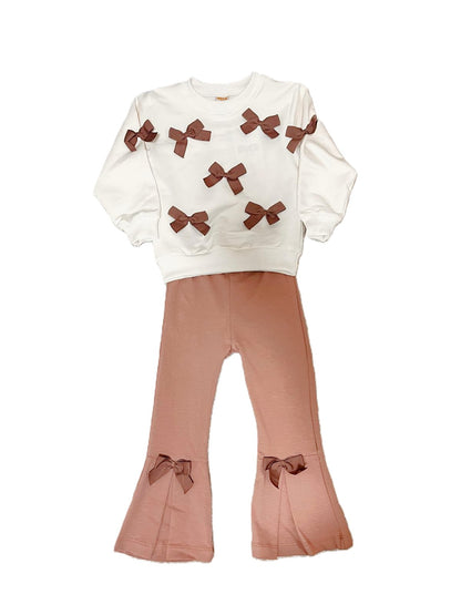 Zweiteiliges Mädchen-Outfit mit Schleifen – in Pink & Beige erhältlich
