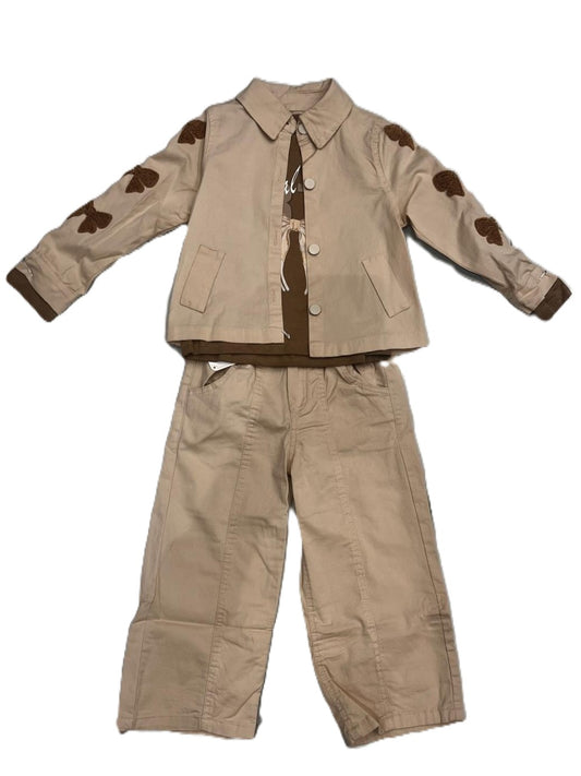 Mädchen 3-teiliges Set – Stylische Jacke, Shirt & Hose im Natur-Look 🧥✨