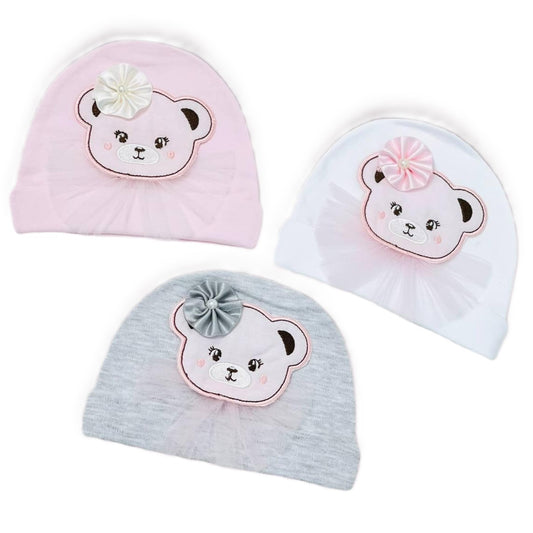 Babymädchen Mütze – süßes Teddymotiv mit Tüll (3 Farben) 🎀👶