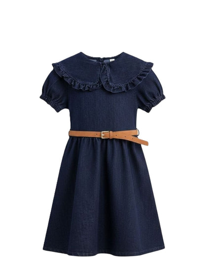 Mädchen Jeanskleid mit Gürtel – Sommer Kleid mit Rüschenkragen