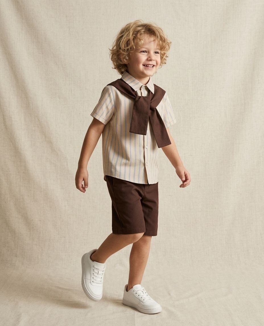 3-teiliges Jungen Outfit Set mit Hemd, Shorts & Schleife
