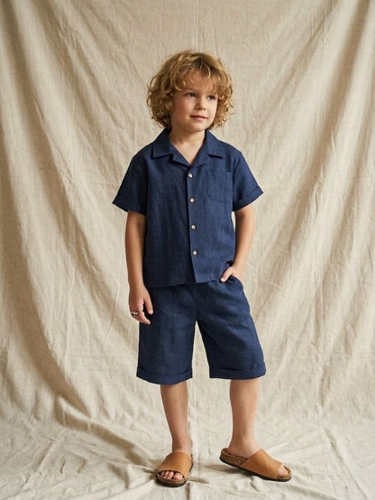 Jungen Outfit Set 2-teilig – Hemd & Shorts aus Baumwolle-Leinen-Mix