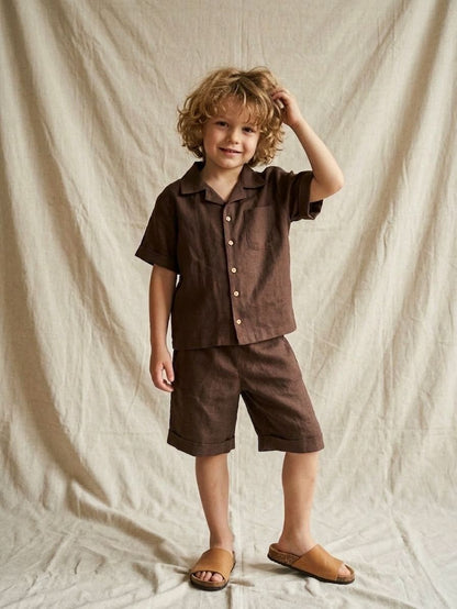Jungen Outfit Set 2-teilig – Hemd & Shorts aus Baumwolle-Leinen-Mix