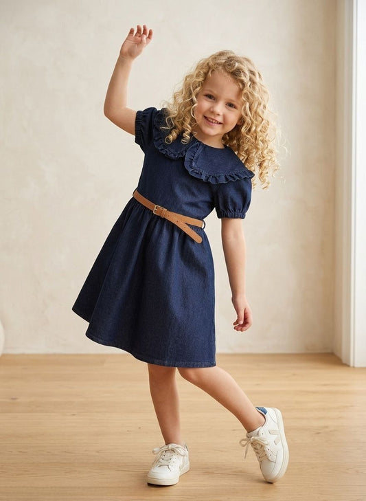 Mädchen Jeanskleid mit Gürtel – Sommer Kleid mit Rüschenkragen