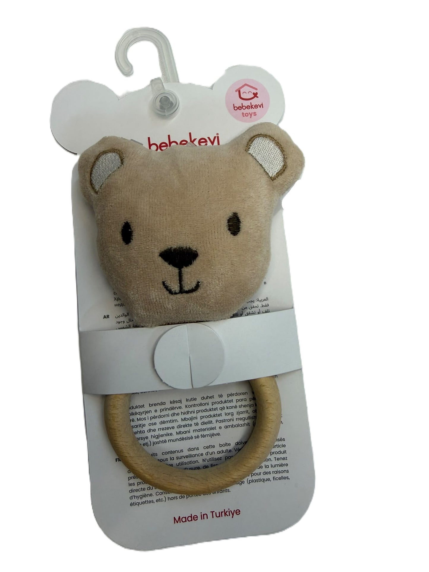 Baby Rassel Bär – Holzring mit Stoffkopf in Blau, Weiß & Rosa