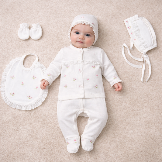 Zartes 5-teiliges Erstlingsset für Baby-Mädchen | Mit Spitze & Blumenstickerei