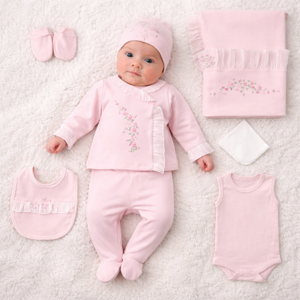 10-teiliges Erstlingsset für Mädchen | Zartrosa | Weich & liebevoll bestickt