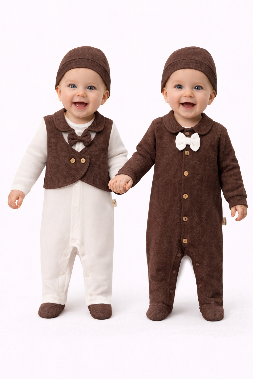Baby Jungen Strampler Set | 4-teilig | 2 Strampler + 2 Mützen | Mit Fliege