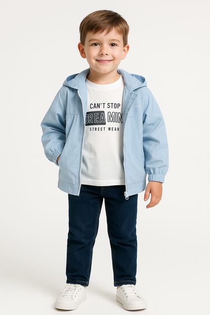 Kinder Outfit Set – Jacke, Shirt & Jeans (Hellblau oder Grau)