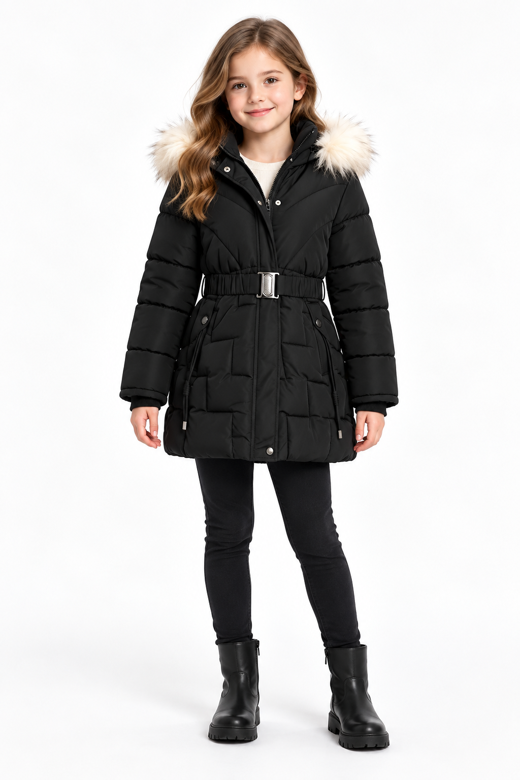Mädchen Winterjacke mit Fellkapuze und Gürtel
