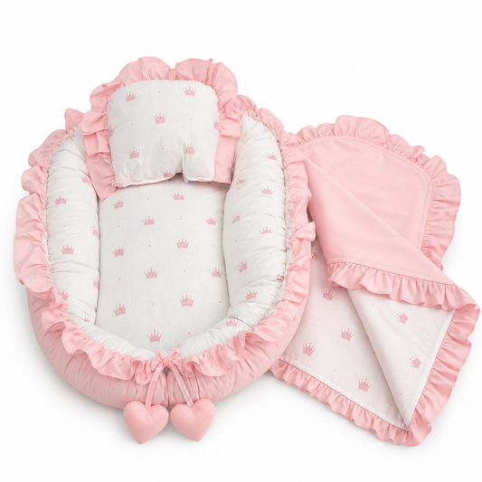 Babynest Set Rosa mit Kronen 3-teilig