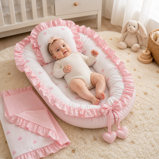 Babynest Set Rosa mit Kronen 3-teilig