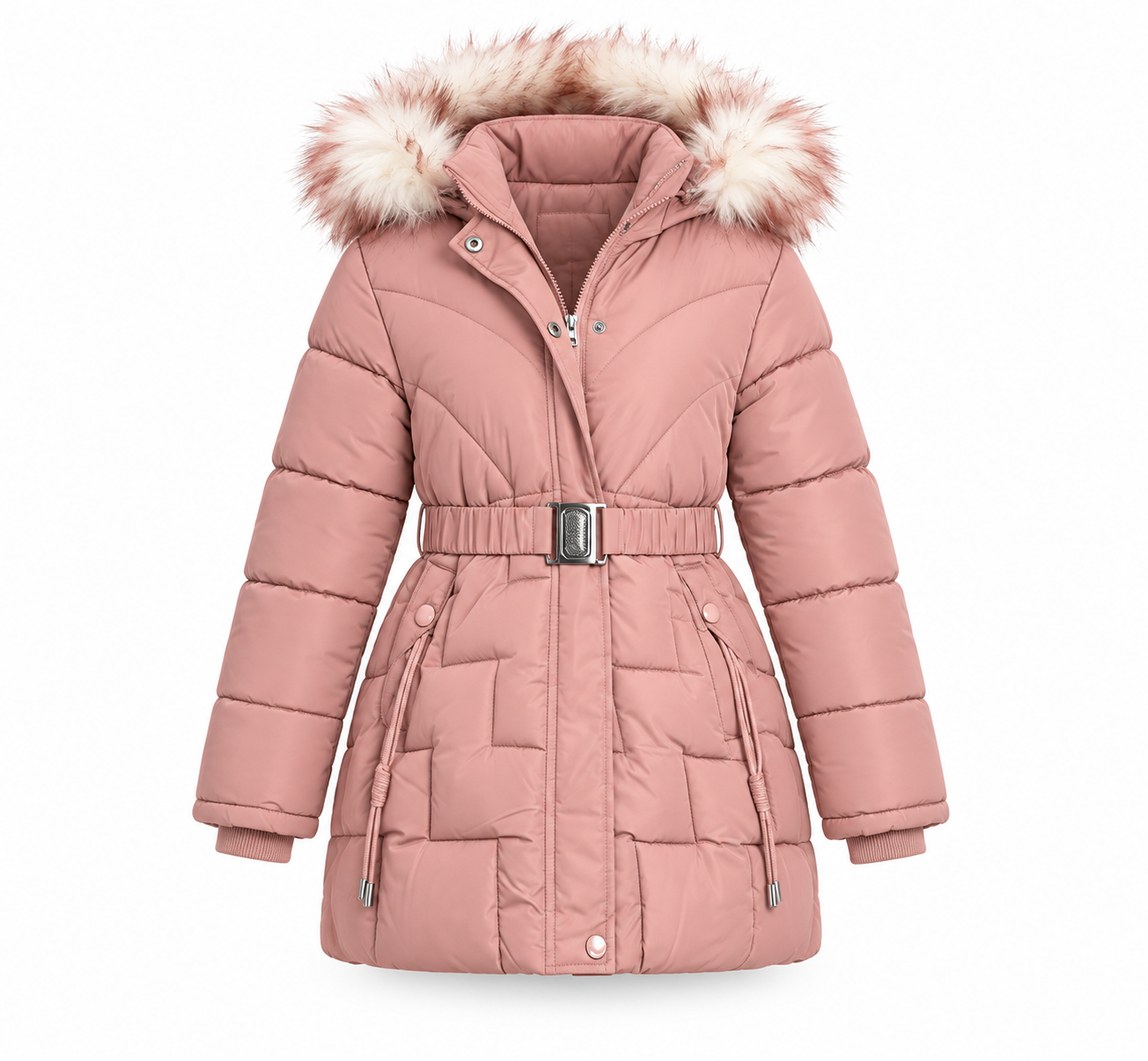 Mädchen Winterjacke mit Fellkapuze und Gürtel
