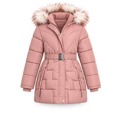 Mädchen Winterjacke mit Fellkapuze und Gürtel