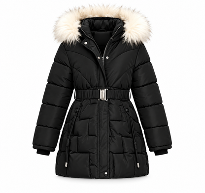 Mädchen Winterjacke mit Fellkapuze und Gürtel