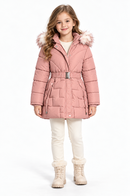Mädchen Winterjacke mit Fellkapuze und Gürtel