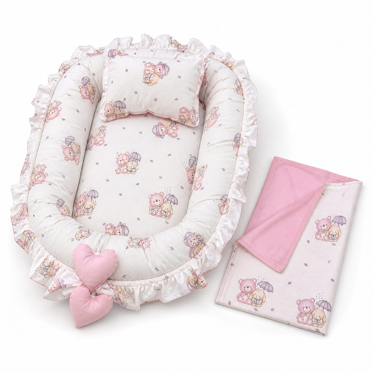 Babynest Set Rosa mit Bärchen 3-teilig