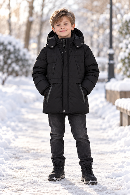 Kinder Winterjacke Schwarz Kapuze